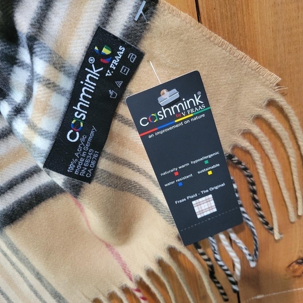 Cashming Plaid Beige Scarf with Red and Black Accents - Picture 3 of 8